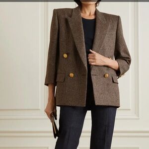 Saint Laurent Double-Breasted Herringbone Wool-Tweed Blazer in Brown